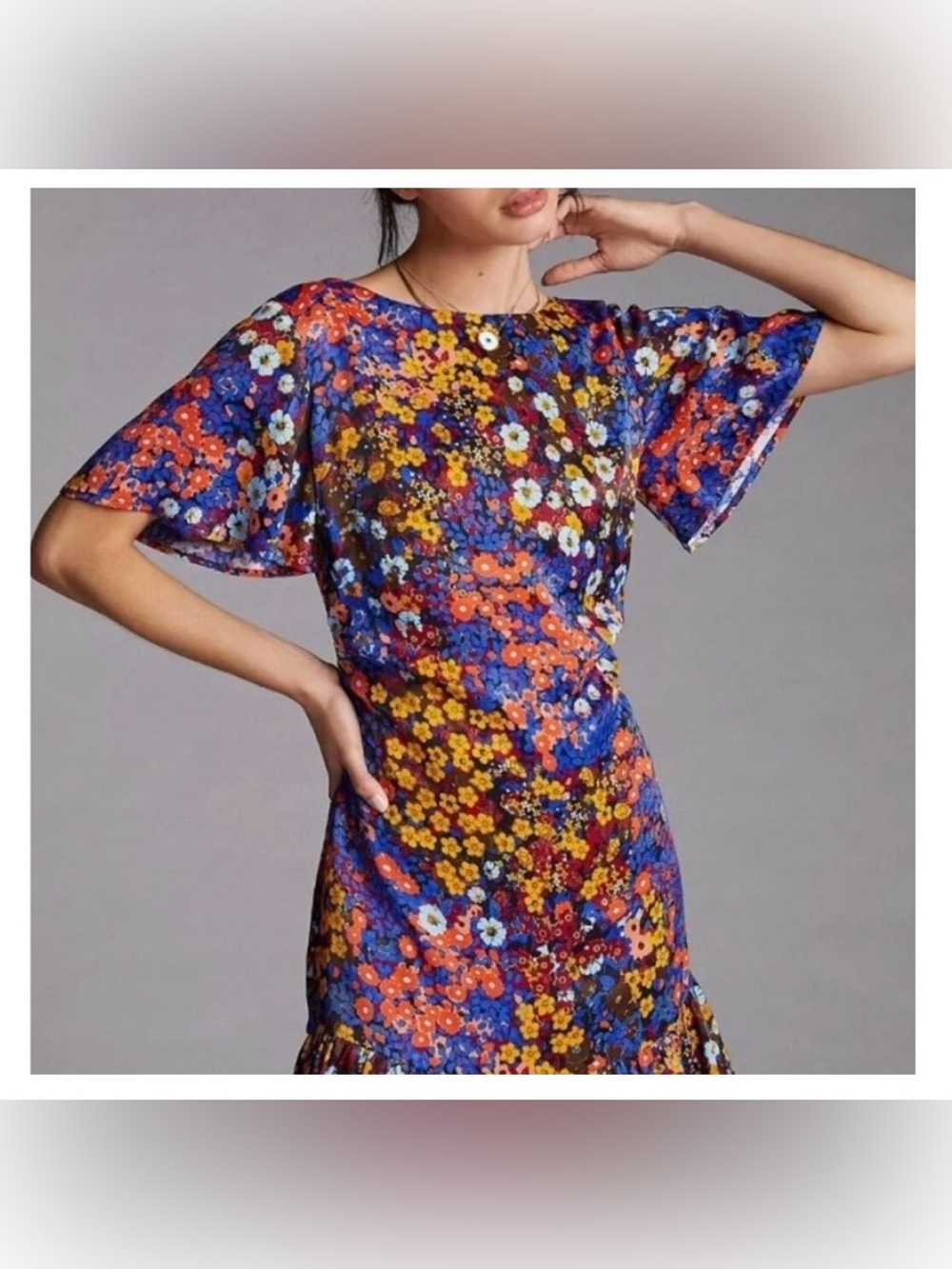 Anthropologie Floral flutter sleeve Tie-Back Mini Dress in bold colors- Size 4P